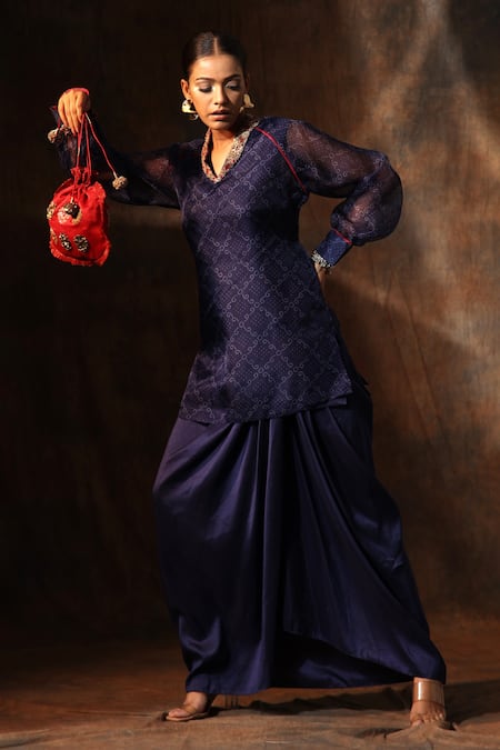 Buy_Neeta Bhargava_Blue Chanderi, Organza Embroidery V-neck Bandhani Print Tunic With Skirt _Online_at_Aza_Fashions