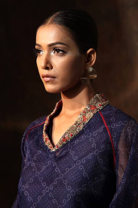 Shop_Neeta Bhargava_Blue Chanderi, Organza Embroidery V-neck Bandhani Print Tunic With Skirt _Online_at_Aza_Fashions