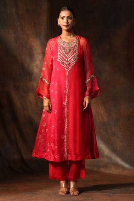 Neeta Bhargava_Pink Organza, Chanderi Embroidery Round Bandhani Print A-line Kurta Pant Set _Online_at_Aza_Fashions