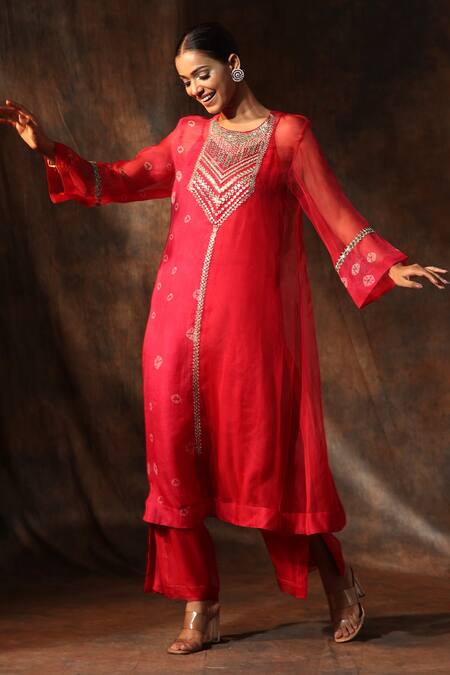 Buy_Neeta Bhargava_Pink Organza, Chanderi Embroidery Round Bandhani Print A-line Kurta Pant Set _Online_at_Aza_Fashions