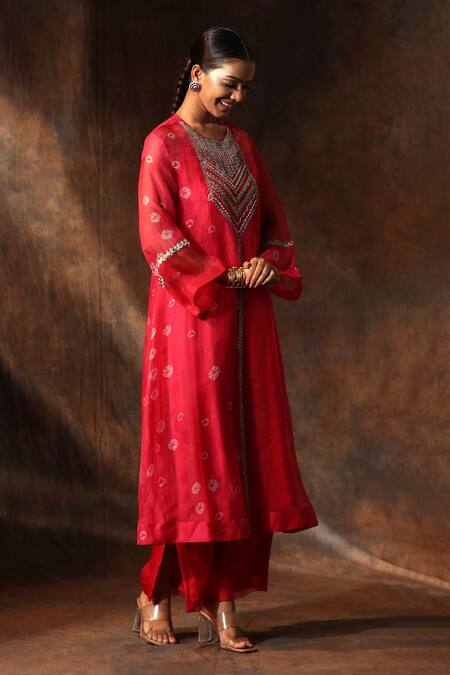 Shop_Neeta Bhargava_Pink Organza, Chanderi Embroidery Round Bandhani Print A-line Kurta Pant Set _Online_at_Aza_Fashions