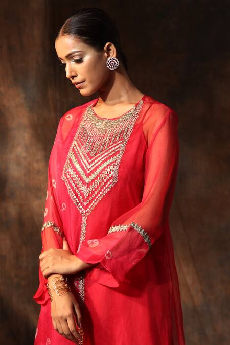 Neeta Bhargava_Pink Organza, Chanderi Embroidery Round Bandhani Print A-line Kurta Pant Set _at_Aza_Fashions