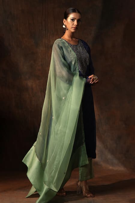 Buy_Neeta Bhargava_Blue Organza, Chanderi Embroidery Round Neck Bandhani Print Kurta Pant Set _Online_at_Aza_Fashions