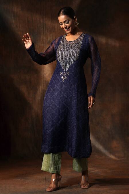 Neeta Bhargava_Blue Organza, Chanderi Embroidery Round Neck Bandhani Print Kurta Pant Set _at_Aza_Fashions