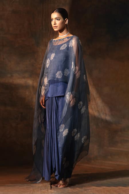 Neeta Bhargava Blue Organza, Chanderi Embroidery Boat Neck Lotus Print Cape Skirt Set Online at Aza Fashions Neeta Bhargava_Blue Organza, Chanderi Embroidery Boat Neck Lotus Print Cape Skirt Set _Online_at_Aza_Fashions