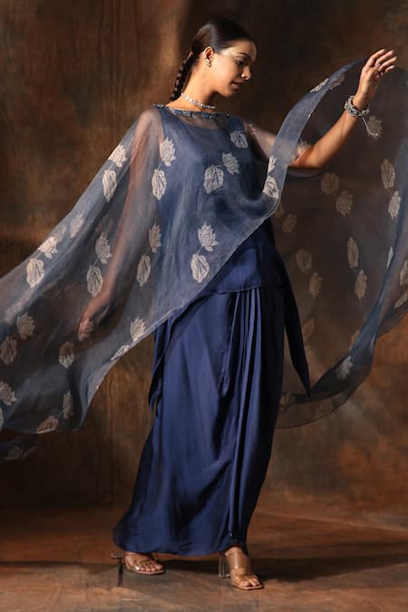 Buy Neeta Bhargava Blue Organza, Chanderi Embroidery Boat Neck Lotus Print Cape Skirt Set Online at Aza Fashions Buy_Neeta Bhargava_Blue Organza, Chanderi Embroidery Boat Neck Lotus Print Cape Skirt Set _Online_at_Aza_Fashions