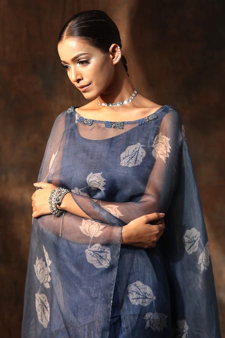 Shop Neeta Bhargava Blue Organza, Chanderi Embroidery Boat Neck Lotus Print Cape Skirt Set Online at Aza Fashions Shop_Neeta Bhargava_Blue Organza, Chanderi Embroidery Boat Neck Lotus Print Cape Skirt Set _Online_at_Aza_Fashions