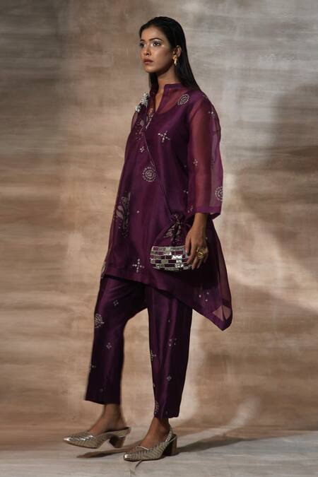 Shop_Neeta Bhargava_Purple Organza, Chanderi Embroidery Collared Bandhani Motif Work Kurta With Pant _Online_at_Aza_Fashions