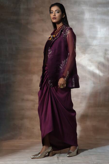 Neeta Bhargava Purple Organza, Chanderi Embroidery Collared Floral Print Coat Skirt Set Online at Aza Fashions Neeta Bhargava_Purple Organza, Chanderi Embroidery Collared Floral Print Coat Skirt Set _Online_at_Aza_Fashions