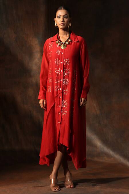 Buy_Neeta Bhargava_Red Chanderi Embroidery Collared Bandhani Hand Painted Dress _Online_at_Aza_Fashions