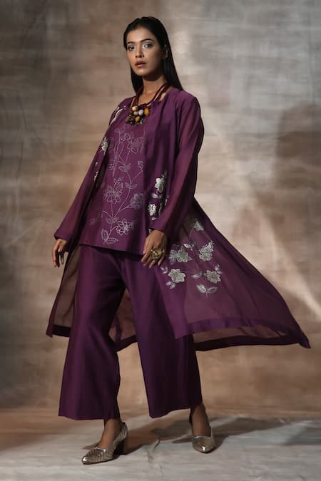 Neeta Bhargava Purple Chanderi Mandarin Collar Hand Painted Jacket Palazzo Set Online at Aza Fashions Neeta Bhargava_Purple Chanderi Mandarin Collar Hand Painted Jacket Palazzo Set _Online_at_Aza_Fashions