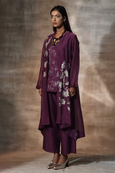 Shop Neeta Bhargava Purple Chanderi Mandarin Collar Hand Painted Jacket Palazzo Set Online at Aza Fashions Shop_Neeta Bhargava_Purple Chanderi Mandarin Collar Hand Painted Jacket Palazzo Set _Online_at_Aza_Fashions