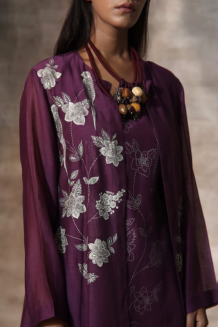 Neeta Bhargava Purple Chanderi Mandarin Collar Hand Painted Jacket Palazzo Set at Aza Fashions Neeta Bhargava_Purple Chanderi Mandarin Collar Hand Painted Jacket Palazzo Set _at_Aza_Fashions