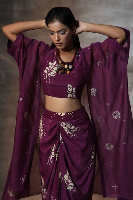 Shop Neeta Bhargava Purple Chanderi, Crepe Round , Open Hand Painted Shrug Skirt Set Online at Aza Fashions Shop_Neeta Bhargava_Purple Chanderi, Crepe Round , Open Hand Painted Shrug Skirt Set _Online_at_Aza_Fashions