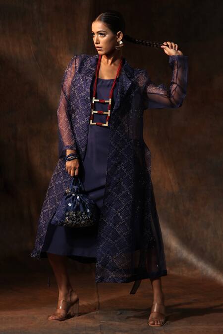 Neeta Bhargava_Blue Organza, Chanderi Embroidery Round Bandhani Hand Painted Jacket With Dress _Online_at_Aza_Fashions