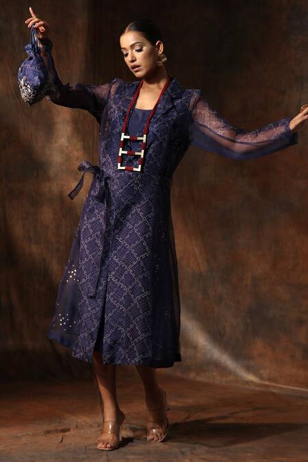 Buy_Neeta Bhargava_Blue Organza, Chanderi Embroidery Round Bandhani Hand Painted Jacket With Dress _Online_at_Aza_Fashions