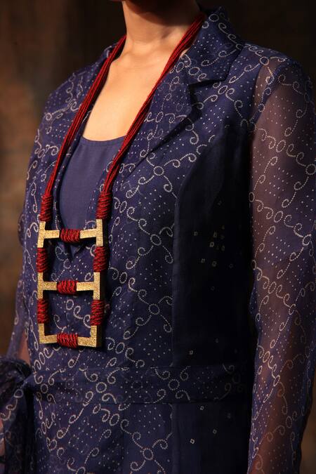 Shop_Neeta Bhargava_Blue Organza, Chanderi Embroidery Round Bandhani Hand Painted Jacket With Dress _Online_at_Aza_Fashions