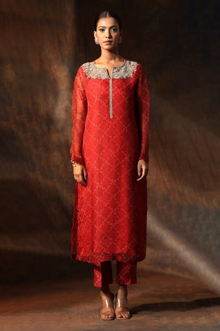 Neeta Bhargava Red Organza, Chanderi Embroidery Split Bandhani Print Straight Kurta Pant Set Online at Aza Fashions Neeta Bhargava_Red Organza, Chanderi Embroidery Split Bandhani Print Straight Kurta Pant Set _Online_at_Aza_Fashions