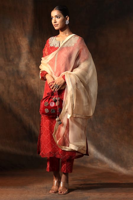 Shop Neeta Bhargava Red Organza, Chanderi Embroidery Split Bandhani Print Straight Kurta Pant Set Online at Aza Fashions Shop_Neeta Bhargava_Red Organza, Chanderi Embroidery Split Bandhani Print Straight Kurta Pant Set _Online_at_Aza_Fashions