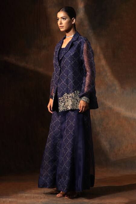 Neeta Bhargava_Blue Organza, Chanderi Embroidery Collared Bandhani Print Coat Sharara Set _Online_at_Aza_Fashions