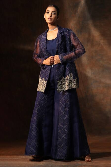 Buy_Neeta Bhargava_Blue Organza, Chanderi Embroidery Collared Bandhani Print Coat Sharara Set _Online_at_Aza_Fashions