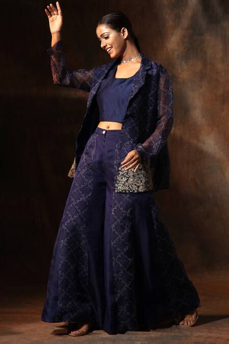 Shop_Neeta Bhargava_Blue Organza, Chanderi Embroidery Collared Bandhani Print Coat Sharara Set _Online_at_Aza_Fashions