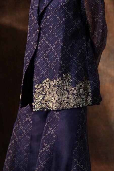 Neeta Bhargava_Blue Organza, Chanderi Embroidery Collared Bandhani Print Coat Sharara Set _at_Aza_Fashions