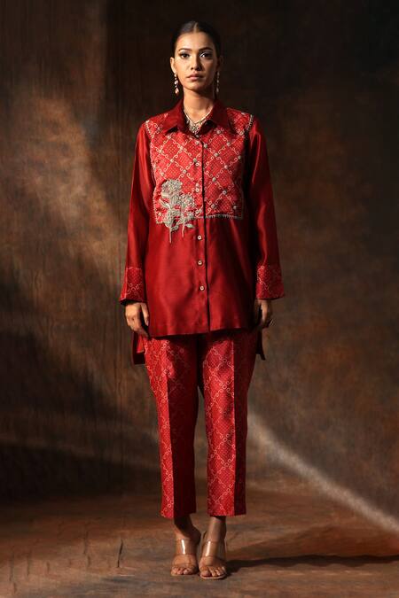Shop_Neeta Bhargava_Red Chanderi Embroidery Collared Bandhani Print Bodice Tunic With Pant _Online_at_Aza_Fashions