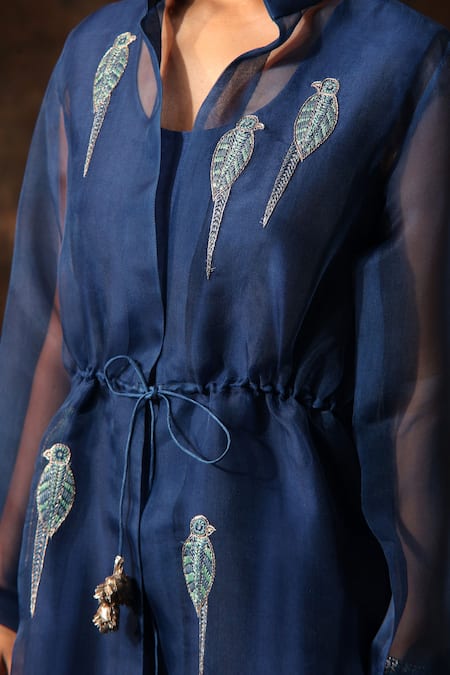 Neeta Bhargava_Blue Organza, Chanderi Embroidery Collared Parrot Jacket Pant Set _Online_at_Aza_Fashions