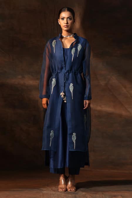 Buy_Neeta Bhargava_Blue Organza, Chanderi Embroidery Collared Parrot Jacket Pant Set _Online_at_Aza_Fashions