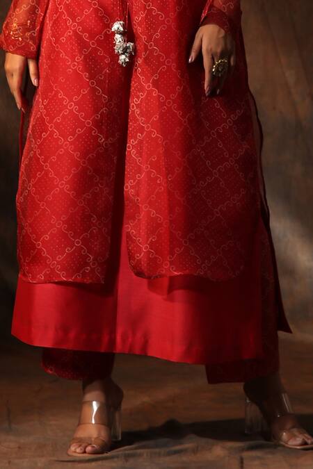 Buy_Neeta Bhargava_Red Organza, Chanderi Sequins Collared Bandhani Print Jacket Pant Set _Online_at_Aza_Fashions