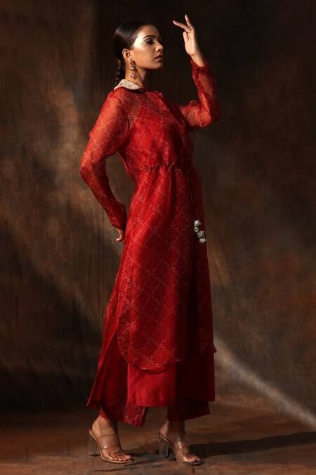 Shop_Neeta Bhargava_Red Organza, Chanderi Sequins Collared Bandhani Print Jacket Pant Set _Online_at_Aza_Fashions