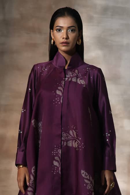 Neeta Bhargava_Purple Organza, Chanderi Collared Leaf Print Panelled Top With Pant _Online_at_Aza_Fashions