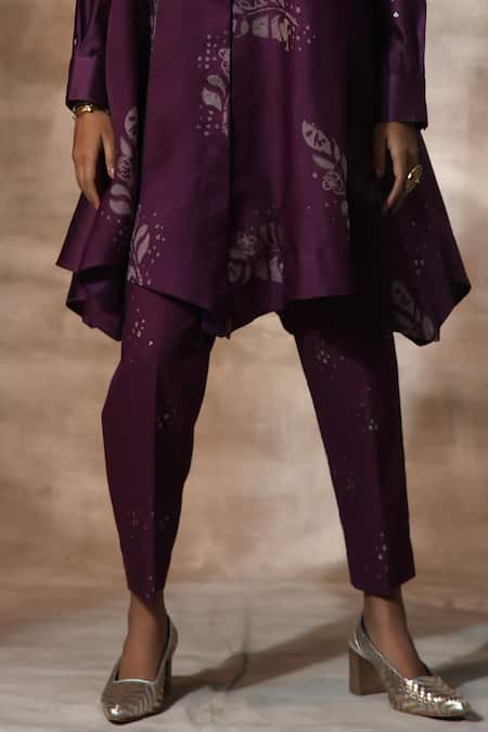 Buy_Neeta Bhargava_Purple Organza, Chanderi Collared Leaf Print Panelled Top With Pant _Online_at_Aza_Fashions