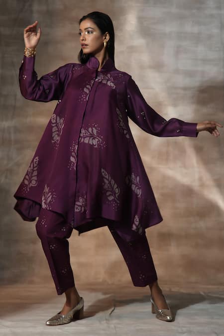 Shop_Neeta Bhargava_Purple Organza, Chanderi Collared Leaf Print Panelled Top With Pant _Online_at_Aza_Fashions
