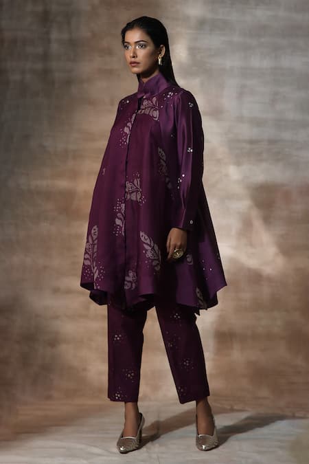 Neeta Bhargava_Purple Organza, Chanderi Collared Leaf Print Panelled Top With Pant _at_Aza_Fashions