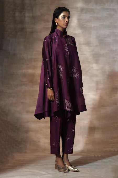Buy_Neeta Bhargava_Purple Organza, Chanderi Collared Leaf Print Panelled Top With Pant 