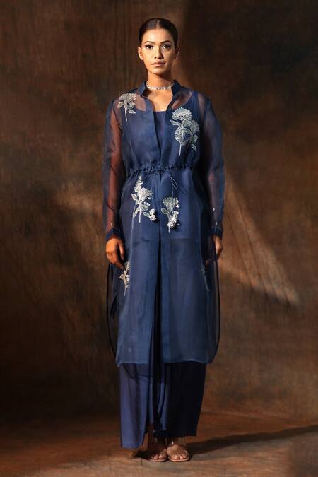 Neeta Bhargava_Blue Organza, Chanderi Embroidery Collared Floral Hand Painted Jacket Skirt Set _Online_at_Aza_Fashions