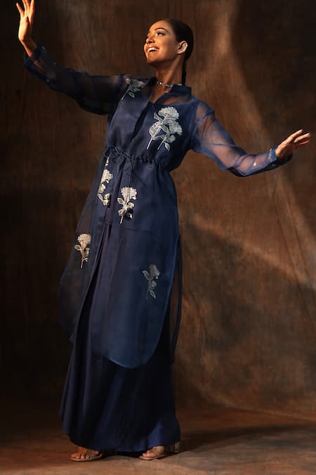 Neeta Bhargava_Blue Organza, Chanderi Embroidery Collared Floral Hand Painted Jacket Skirt Set _at_Aza_Fashions