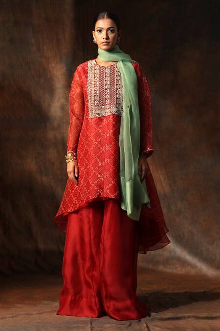 Shop_Neeta Bhargava_Red Organza, Chanderi Embroidery Round Neck Bandhani Print Kurta Sharara Set _Online_at_Aza_Fashions