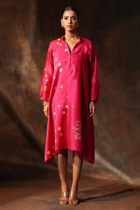 Neeta Bhargava_Pink Chanderi Embroidery Collared Abstract Print Dress _Online_at_Aza_Fashions