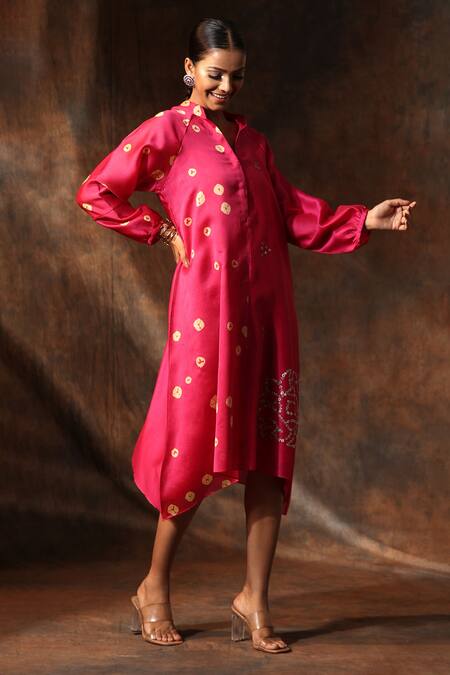 Buy_Neeta Bhargava_Pink Chanderi Embroidery Collared Abstract Print Dress _Online_at_Aza_Fashions