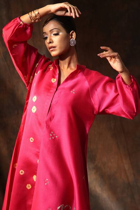 Shop_Neeta Bhargava_Pink Chanderi Embroidery Collared Abstract Print Dress _Online_at_Aza_Fashions