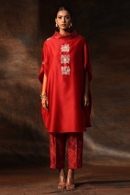 Neeta Bhargava_Red Chanderi Embroidery Collared Anchor Thread Work Kaftan With Pant _Online_at_Aza_Fashions
