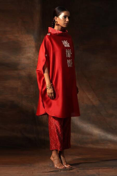 Buy_Neeta Bhargava_Red Chanderi Embroidery Collared Anchor Thread Work Kaftan With Pant _Online_at_Aza_Fashions