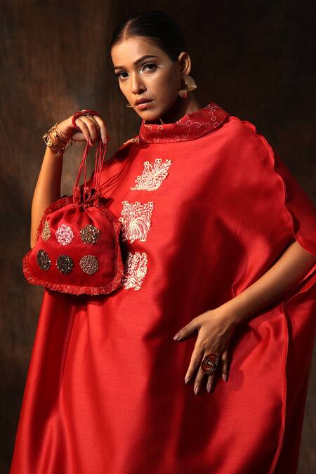 Shop_Neeta Bhargava_Red Chanderi Embroidery Collared Anchor Thread Work Kaftan With Pant _Online_at_Aza_Fashions