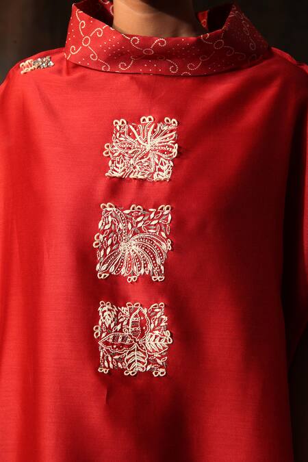 Neeta Bhargava_Red Chanderi Embroidery Collared Anchor Thread Work Kaftan With Pant _at_Aza_Fashions
