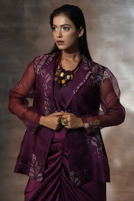 Buy Neeta Bhargava Purple Organza, Chanderi Embroidery Collared Floral Print Coat Skirt Set Online at Aza Fashions Buy_Neeta Bhargava_Purple Organza, Chanderi Embroidery Collared Floral Print Coat Skirt Set _Online_at_Aza_Fashions