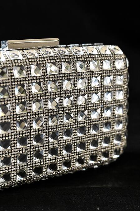 Alor Bags_Silver Crystals Embellished Clutch _Online_at_Aza_Fashions