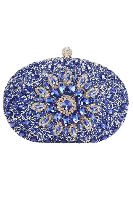 Alor Bags Blue Rhinestones Floral Crystal Embellished Clutch 